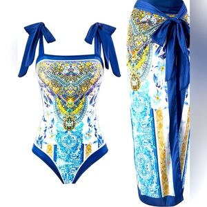 Women’s Bright Blue One-Piece Swimsuit – Size XXL Bold vibrant multicolor floral
